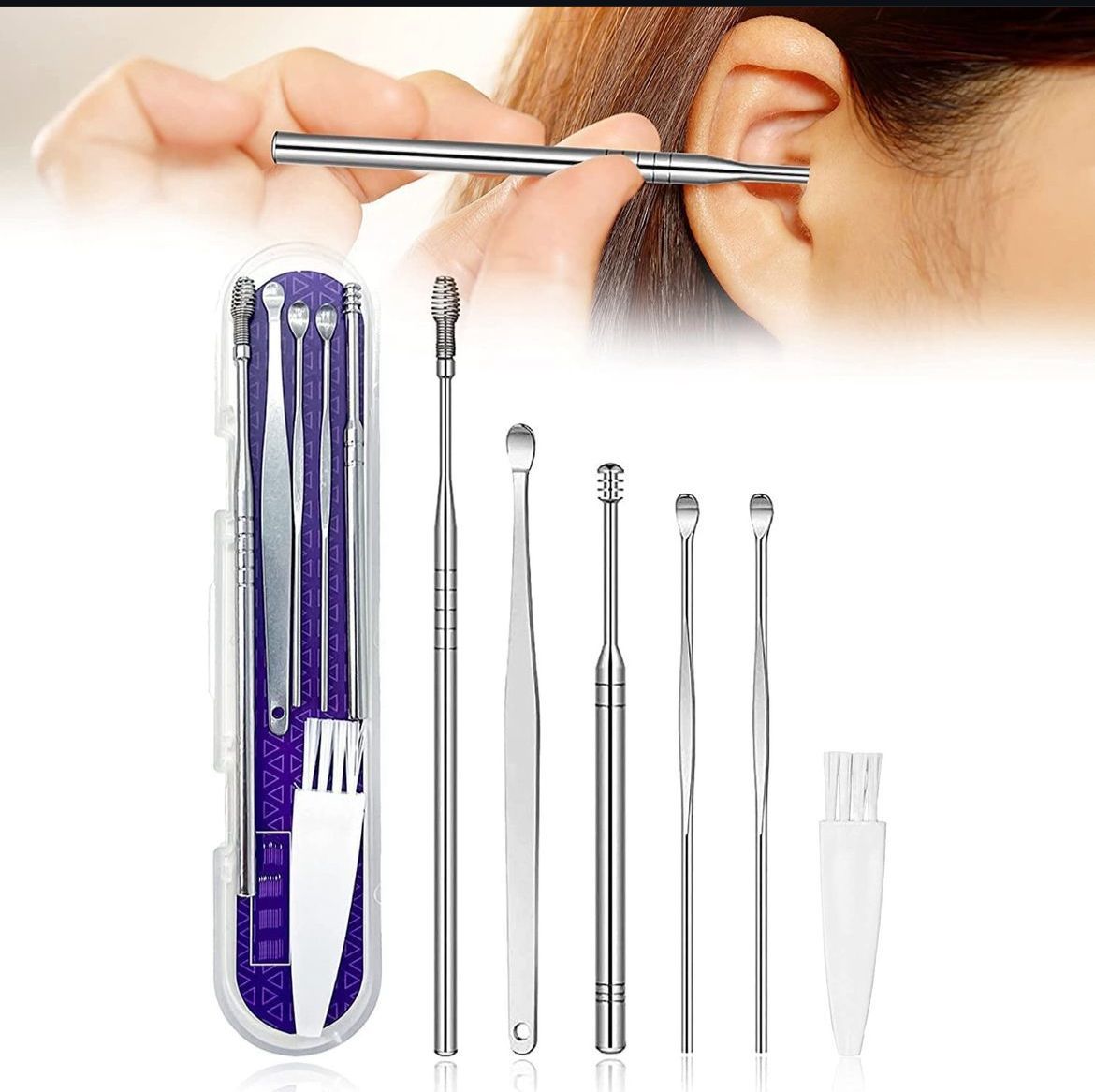 6 Pcs Ear Wax Removal Kit,Professional Double-Headed Ear Pick Earwax Removal Tools,316L Stainless Steel Ear Cleaner Curette with Cleaning Brush and Storage Box,Suit for Kid & Adult (Silver, Pack Of 1